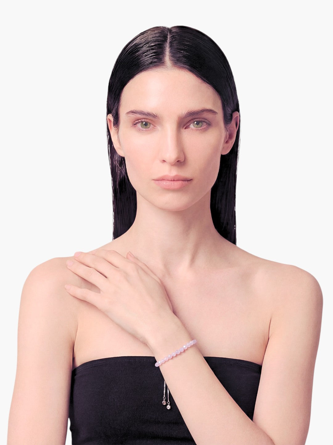 stem&stone adjustable bracelet with faceted AAA rose quartz beads in a soft pink hue.