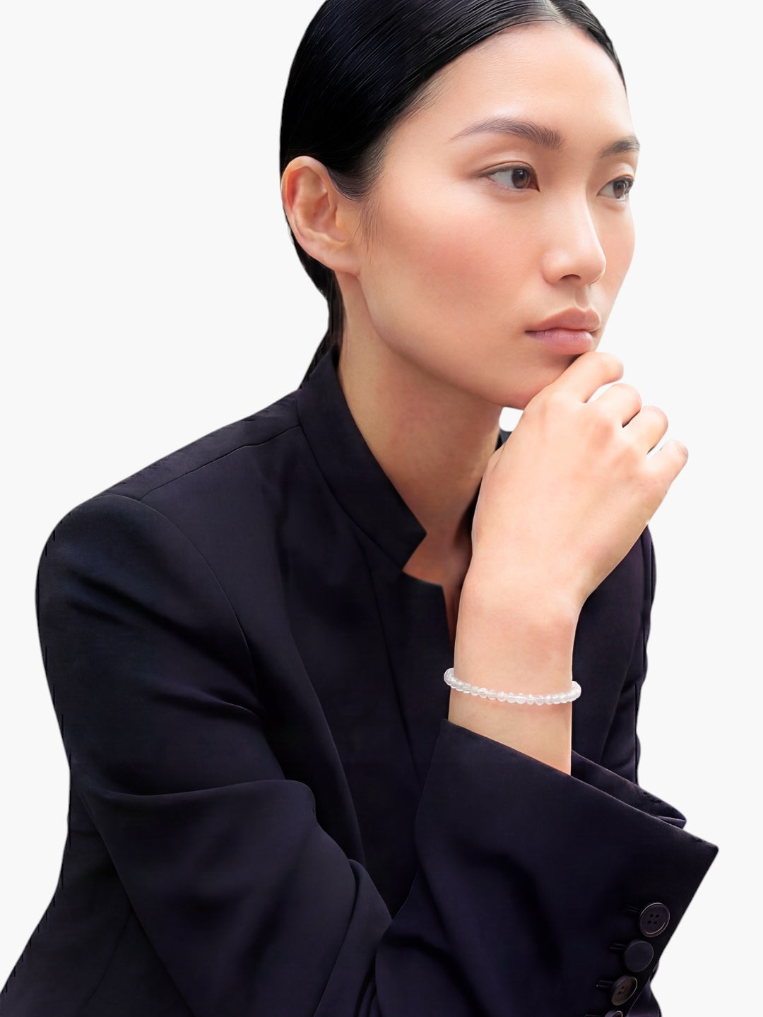 stem&stone adjustable bracelet of AAA white quartz beads with gentle translucence.